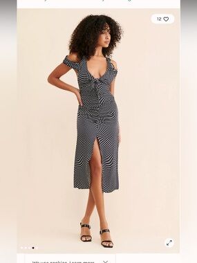 For love and lemons Black Polka Dot Cold-Shoulder Midi Dress with Front Slit